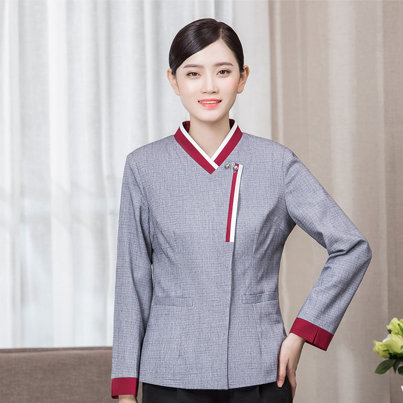 亚麻双色拼色长袖保洁工作服上衣H01-19024图2